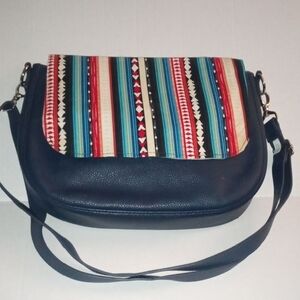 Striped Flap Navy Crossbody Bag with Multicolor Pattern
